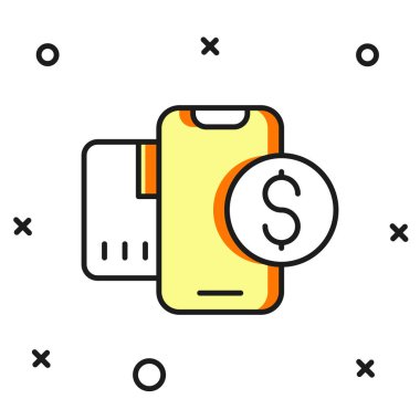 Beyaz arka planda izole edilmiş dolar sembollü akıllı telefon. İnternetten alışveriş konsepti. Finansal cep telefonu simgesi. Çevrimiçi ödeme. Düz çizgili, gölgeli. Vektör