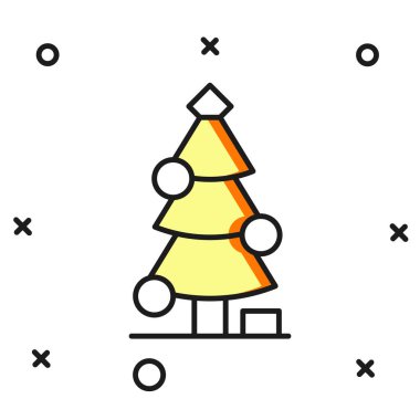 Beyaz arka planda izole edilmiş süsleme simgesiyle çizilmiş Noel ağacı. Mutlu Noeller ve mutlu yıllar. Düz çizgili, gölgeli. Vektör