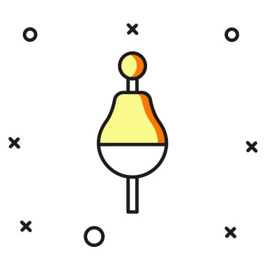 Doldurulmuş ana hatlı Balıkçılık şamandırası simgesi beyaz arkaplanda izole edildi. Balık oltası. Düz çizgili, gölgeli. Vektör