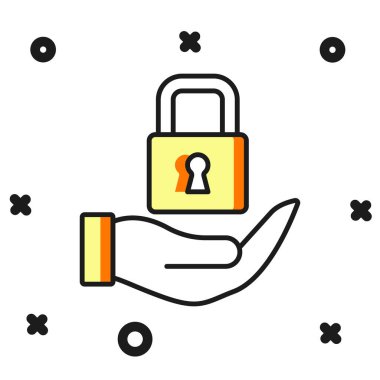 Doldurulmuş ana hat Kilit simgesi beyaz arkaplanda izole edildi. Asma kilit işareti. Güvenlik, güvenlik, koruma, gizlilik kavramı. Düz çizgili, gölgeli. Vektör