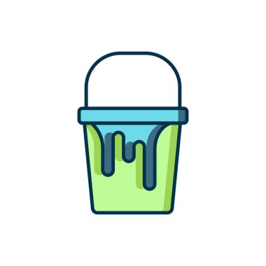 Beyaz arkaplanda izole edilmiş ana hatlı boya kovası simgesi. Düz çizgili, gölgeli. Vektör