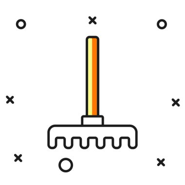 Doldurulmuş bahçe tırmığı simgesi beyaz arkaplanda izole edildi. Bahçecilik, tarım, çiftçilik aleti. Toprak işçisi. Temizlik ekipmanları. Düz çizgili, gölgeli. Vektör
