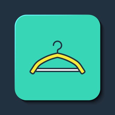 Mavi arka planda izole edilmiş ana hatlı elbise askısı simgesi. Vestiyer ikonu. Kıyafet servis sembolü. Çamaşır askı tabelası. Turkuaz kare düğme. Vektör