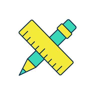 Beyaz arkaplanda izole edilmiş çapraz çizgili cetvel ve kalem simgesi. Düz sembol. Çizim ve eğitim araçları. Vektör