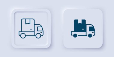 Doldurulmuş ve ana hatları çizilmiş kargo aracı ikonu gri arka planda izole edilmiş. Kare düğmesi. Vektör