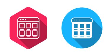 Ekran simgesinde uzun gölge arkaplan ile çevrimiçi alışveriş. Konsept e-ticaret, e-ticaret, online iş pazarlama. Vektör