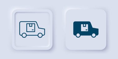 Doldurulmuş ve ana hatları çizilmiş kargo aracı ikonu gri arka planda izole edilmiş. Kare düğmesi. Vektör