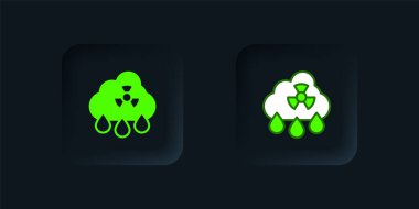 Green Acid rain and radioactive cloud icon isolated on black background. Effects of toxic air pollution on the environment. Black square button. Vector clipart