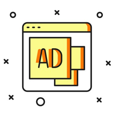 Doldurulmuş ana hat reklam simgesi beyaz arkaplanda izole edildi. Pazarlama ve tanıtım süreci kavramı. İlgili reklamlar. Sosyal medya reklamcılığı. Düz çizgili, gölgeli. Vektör