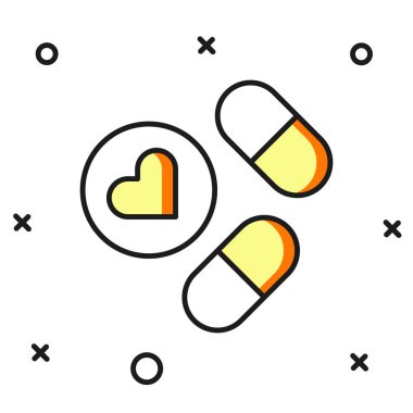 Beyaz arka planda izole edilmiş ana hatlı ilaç veya tablet ikonu. Kapsül hapı ve uyuşturucu işareti. Eczane tasarımı. Düz çizgili, gölgeli. Vektör