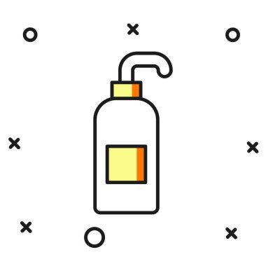 Beyaz arka planda izole edilmiş sıvı antibakteriyel sabun ve şeker ikonu ana hatlarıyla doldurulmuş. Antiseptik. Dezenfeksiyon, hijyen, cilt bakımı. Düz çizgili, gölgeli. Vektör