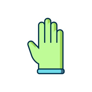 Doldurulmuş plastik eldiven simgesi beyaz arka planda izole edilmiş. Lateks el koruması işareti. Ev işi temizlik ekipmanları sembolü. Düz çizgili, gölgeli. Vektör