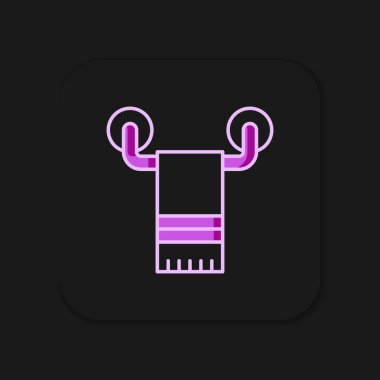 Siyah arkaplanda izole edilmiş askı simgesi üzerine ana hatları doldurulmuş havlu. Banyo havlusu ikonu. Düz çizgili, gölgeli. Vektör