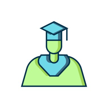 Ana hatları doldurulmuş mezuniyet şapkası simgesi beyaz arkaplanda izole edilmiş. Düz çizgili, gölgeli. Vektör