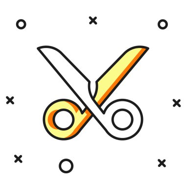 Doldurulmuş makas simgesi beyaz arkaplanda izole edildi. Alet kesme işareti. Düz çizgili, gölgeli. Vektör