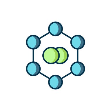 Doldurulmuş Molekül simgesi beyaz arkaplanda izole edildi. Kimya moleküllerinin yapısı, fen öğretmenlerinin yenilikçi eğitim posteri. Düz çizgili, gölgeli. Vektör