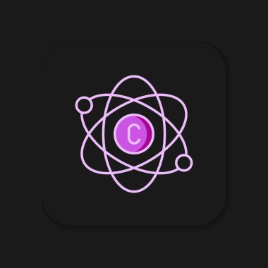 Doldurulmuş Atom simgesi siyah arkaplanda izole edildi. Bilimin, eğitimin, nükleer fiziğin, bilimsel araştırmaların sembolü. Düz çizgili, gölgeli. Vektör