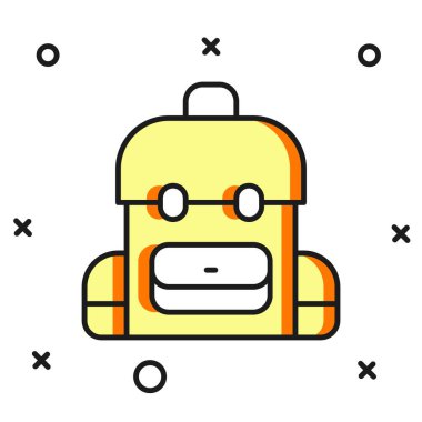 Doldurulmuş okul sırt çantası simgesi beyaz arkaplanda izole edildi. Düz çizgili, gölgeli. Vektör