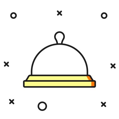 Beyaz arka planda izole edilmiş bir tepsi yemek ikonu ile kaplanmış. Tepsi ve kapak işareti. Kapaklı bir restoran saati. Düz çizgili, gölgeli. Vektör