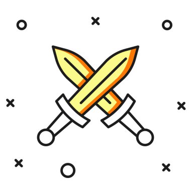 Doldurulmuş orta çağ kılıç simgesi beyaz arka planda izole edilmiş. Ortaçağ silahı. Düz çizgili, gölgeli. Vektör