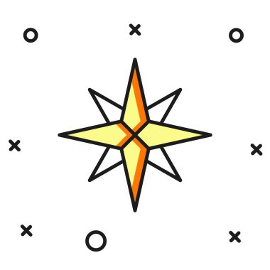 Doldurulmuş rüzgar gülü simgesi beyaz arkaplanda izole edildi. Seyahat için pusula simgesi. Navigasyon tasarımı. Düz çizgili, gölgeli. Vektör