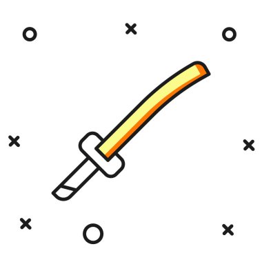 Beyaz arka planda izole edilmiş geleneksel Japon katana simgesi. Japon kılıcı. Düz çizgili, gölgeli. Vektör