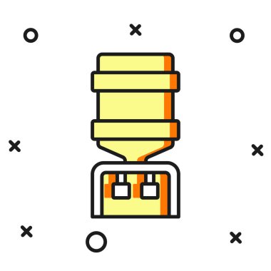 Ofis için ana hatlı su soğutucusu ve beyaz arka planda izole edilmiş ev simgesi. Su dağıtıcısı. Şişe ofisi, plastik ve sıvı. Düz çizgili, gölgeli. Vektör