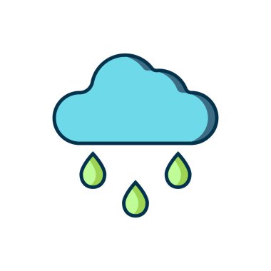 Beyaz arka planda izole edilmiş yağmur ikonu ile ana hatları doldurulmuş. Yağmur damlaları ile yağmur bulutu yağışı. Düz çizgili, gölgeli. Vektör