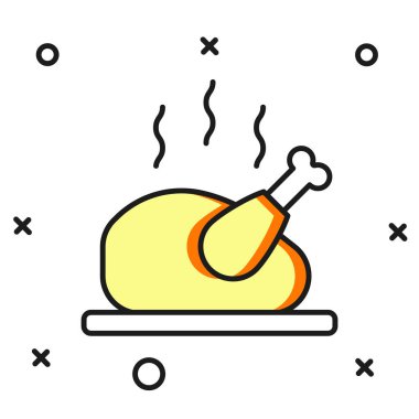 Ana hatlarıyla doldurulmuş hindi ya da beyaz arka planda izole edilmiş tavuk ikonu. Düz çizgili, gölgeli. Vektör