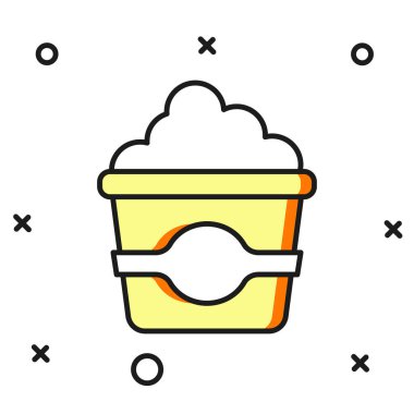 Beyaz arka planda izole edilmiş karton kutu simgesiyle doldurulmuş patlamış mısır. Patlamış mısır kutusu. Düz çizgili, gölgeli. Vektör