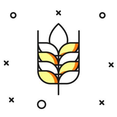 Pirinç, buğday, mısır, yulaf, çavdar ve beyaz arka planda izole edilmiş arpa ikonu ile kaplanmış mısır gevrekleri. Buğday ekmeği sembolleri. Düz çizgili, gölgeli. Vektör