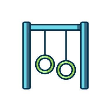 Beyaz arkaplanda izole edilmiş ana hatlı jimnastik halkaları simgesi. Yüzüklü ip asılı oyun alanı ekipmanları. Düz çizgili, gölgeli. Vektör
