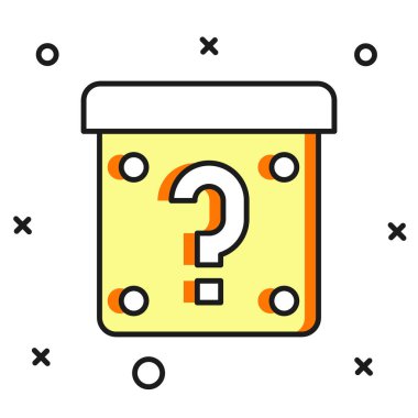 Beyaz arkaplanda izole edilmiş oyun simgesi için gizem kutusu ya da rastgele ganimet kutusu dolduruldu. Soru işareti. Bilinmeyen sürpriz kutu. Düz çizgili, gölgeli. Vektör