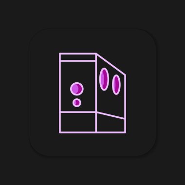 Siyah arkaplanda izole edilmiş bilgisayar simgesi ana hatlarıyla doldurulmuş. Bilgisayar sunucusu. İş istasyonu. Düz çizgili, gölgeli. Vektör