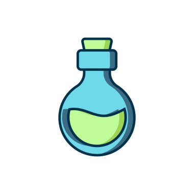 Beyaz arka planda izole edilmiş sihirli ikonlu cam şişe. Bilgisayar oyunu varlığı. Düz çizgili, gölgeli. Vektör