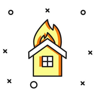 Beyaz arkaplanda izole edilmiş yanan ev simgesinde ana hatlarıyla Ateş doldurulmuş. Sigorta konsepti. Güvenlik, güvenlik, koruma, konsept koruma. Düz çizgili, gölgeli. Vektör