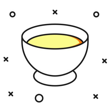 Beyaz arka planda izole edilmiş kabın içindeki Soya sosu. Düz çizgili, gölgeli. Vektör