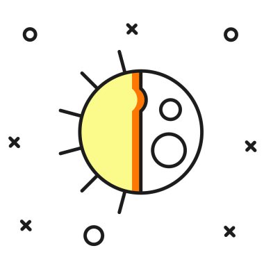 Doldurulmuş gündüz döngüsü simgesi beyaz arkaplanda izole edildi. Gündüz konsepti, güneş ve ay. Düz çizgili, gölgeli. Vektör