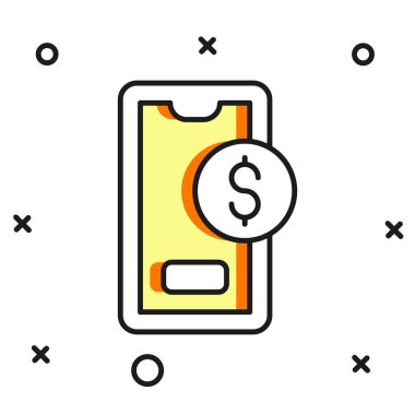 Beyaz arka planda izole edilmiş dolar sembollü akıllı telefon. İnternetten alışveriş konsepti. Finansal cep telefonu simgesi. Çevrimiçi ödeme. Düz çizgili, gölgeli. Vektör