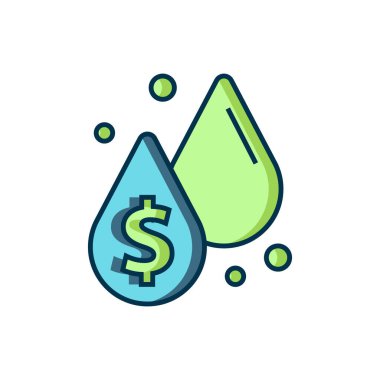 Beyaz arka planda izole edilmiş dolar sembolü simgesiyle ana hatlarıyla doldurulmuş yağ damlası. Petrol fiyatı. Petrol ve petrol endüstrisi. Düz çizgili, gölgeli. Vektör