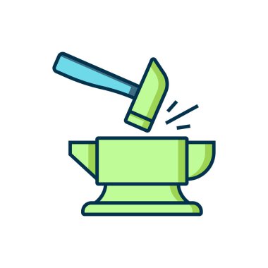 Ana hatları doldurulmuş demirci örs aracı ve çekiç simgesi beyaz arkaplanda izole edilmiş. Metal dövmesi. Kalpazanlık aleti. Düz çizgili, gölgeli. Vektör