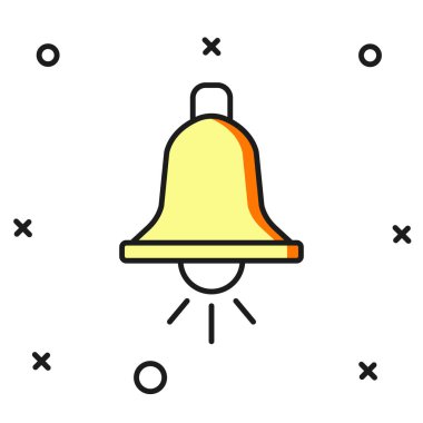 Doldurulmuş ana hatlı zil simgesi beyaz arkaplanda izole edildi. Yangın alarmı. Servis zili, el zili işareti, uyarı sembolü. Düz çizgili, gölgeli. Vektör