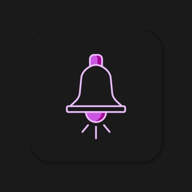 Doldurulmuş ana hat zil simgesi siyah arkaplanda izole edildi. Yangın alarmı. Servis zili, el zili işareti, uyarı sembolü. Düz çizgili, gölgeli. Vektör