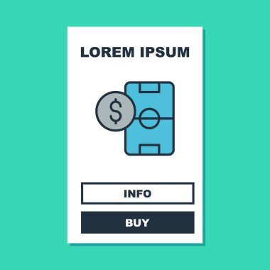 Futbol futbolunun ana hatlarıyla dolu para ikonu turkuaz arka planda izole edilmiş. Futbol bahisçisi. İnternetteki futbol bahisleri para kazandırıyor. Vektör