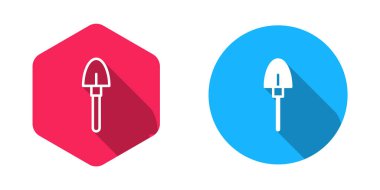 Doldurulmuş ve çizilmiş Kürek simgesi uzun gölge arkaplan izole. Bahçe aletleri. Bahçecilik, tarım, çiftçilik aleti. Vektör