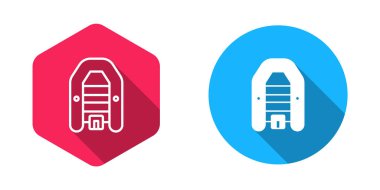 Uzun gölgeli izole edilmiş, dıştaki motor ikonu ile doldurulmuş ve çizilmiş şişme bot. Vektör