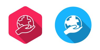 Doldurulmuş ve ana hatları çizilmiş, uzun gölgeli Dünya ikonu. Dünya kavramını sakla. Vektör