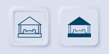 Gri arka planda izole edilmiş kum ve şemsiye ikonu olan çocuklar için Sandbox doldurulmuş ve ana hatları çizilmiş. Kare düğmesi. Vektör