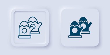 Gri arka planda izole edilmiş bir çift örgü Noel eldiveni ikonu. Mitten simgesi. Mutlu Noeller ve mutlu yıllar. Kare düğmesi. Vektör