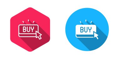 Doldurulmuş ve ana hatlı Buy düğmesi simgesi uzun gölge arkaplanı ile izole edilmiş. Vektör